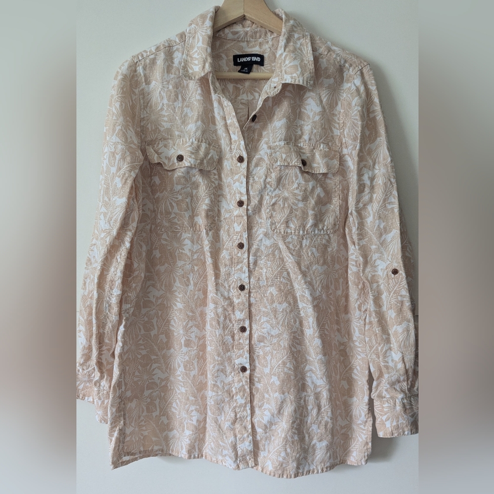 Lands' End 100% Linen Tunic Shirt Tropical Tan & White Roll Up Sleeves